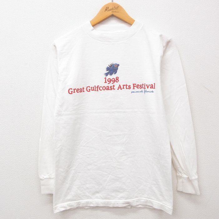 M/古着 長袖 ビンテージ Tシャツ メンズ 90s 魚 Arts コットン クルーネック 白 ホワイト 23jul08 中古_画像1