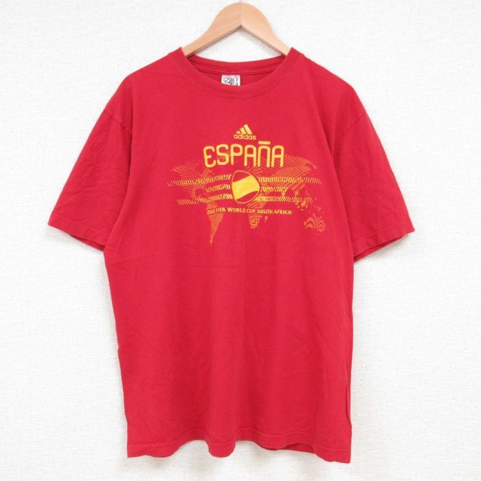 L/古着 アディダス 半袖 ブランド Tシャツ メンズ スペイン 2010 ワールドカップ 南アフリカ サッカー コットン クルーネック 赤 レッ_画像1