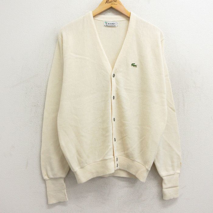 L/古着 ラコステ LACOSTE 長袖 ブランド ニット カーディガン メンズ 80s ワンポイントロゴ アクリル 生成り 23dec08 中古 トップス_画像1