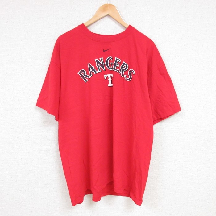 XL/古着 ナイキ NIKE 半袖 ブランド Tシャツ メンズ MLB テキサスレンジャーズ 大きいサイズ コットン クルーネック 赤 レッド メジャ_画像1
