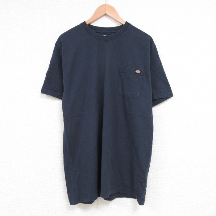 L/古着 ディッキーズ Dickies 半袖 ブランド Tシャツ メンズ ワンポイントロゴ 胸ポケット付き コットン クルーネック 黒 ブラック 23a_画像1