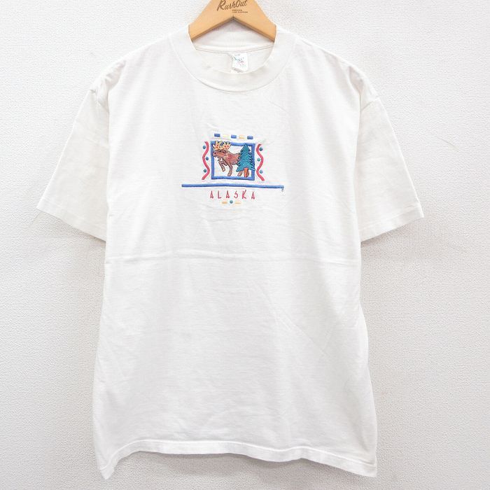 XL/古着 半袖 ビンテージ Tシャツ メンズ 90s アラスカ トナカイ 刺繍 コットン クルーネック 白 ホワイト 23apr19 中古_画像1