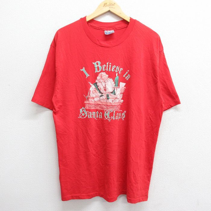 XL/古着 ヘインズ 半袖 ビンテージ Tシャツ メンズ 80s サンタクロース クルーネック 赤 レッド 23jul01 中古_画像1