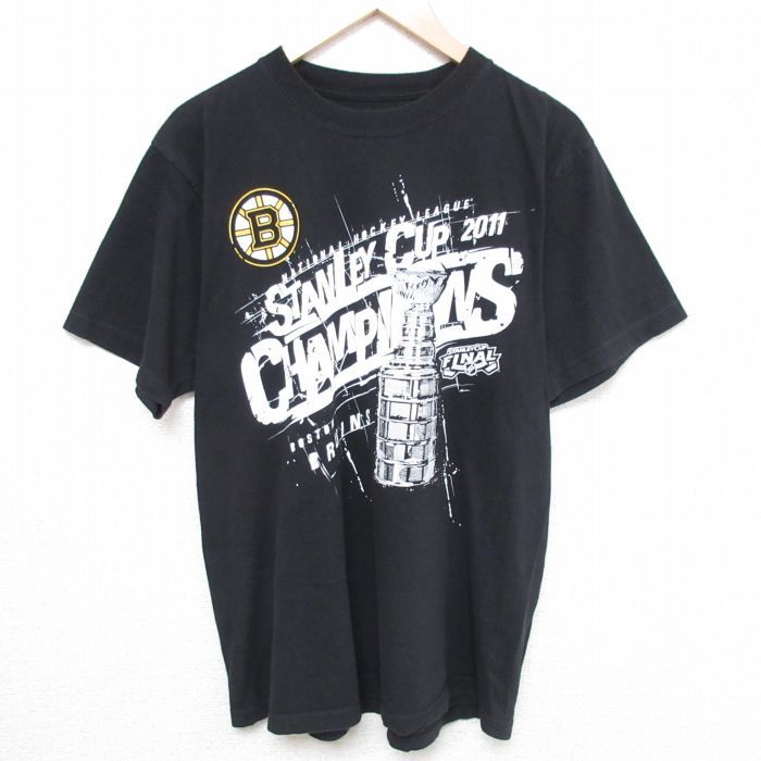 L/古着 リーボック REEBOK 半袖 ブランド Tシャツ メンズ NHL ボストンブルーインズ コットン クルーネック 黒 ブラック アイスホッケ_画像1
