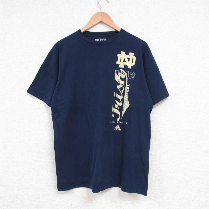 L/古着 アディダス adidas 半袖 ブランド Tシャツ メンズ ノートルダム コットン クルーネック 濃紺 ネイビー 23jul31 中古_画像1