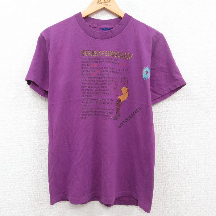 M/古着 半袖 ビンテージ Tシャツ メンズ 90s ゴルフ クルーネック 紫 パープル 23jun29 中古