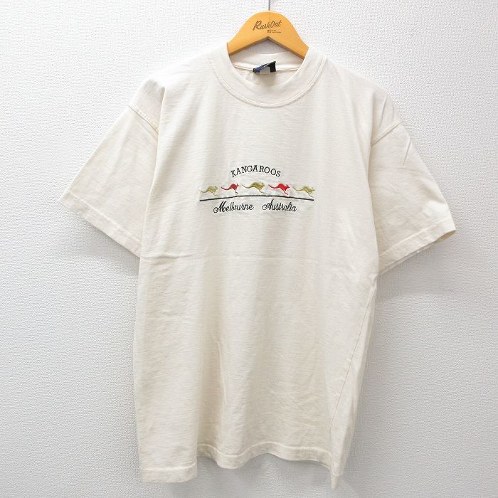 L/古着 半袖 ビンテージ Tシャツ メンズ 90s カンガルー 刺繍 コットン クルーネック 生成り 23jul26 中古_画像1