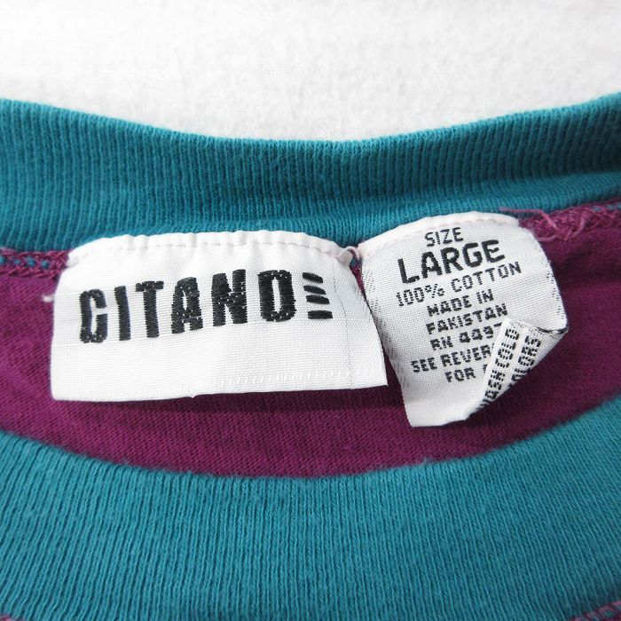 L/古着 GITANO ギタノ 半袖 ビンテージ Tシャツ メンズ 90s ワンポイントロゴ 胸ポケット付き コットン クルーネック 紫他 パープル sp_画像4