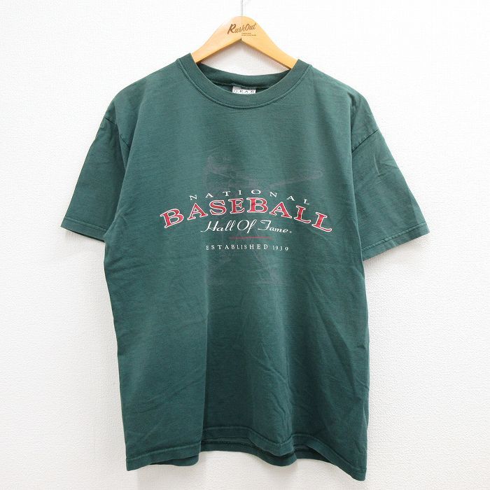 XL/古着 半袖 ビンテージ Tシャツ メンズ 90s 野球殿堂博物館 コットン クルーネック 緑 グリーン 23mar30 中古_画像1