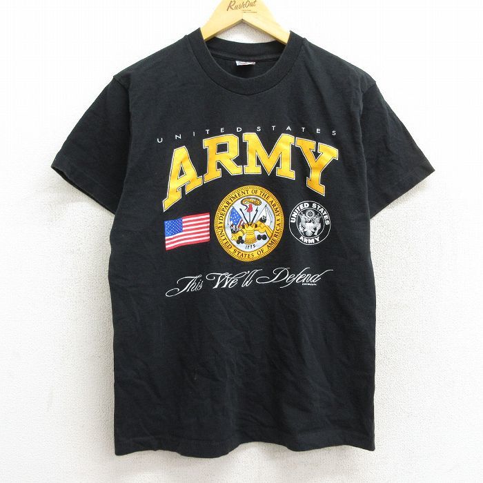 M/古着 半袖 ビンテージ Tシャツ メンズ 90s ミリタリー アーミー ARMY 星条旗 コットン クルーネック 黒 ブラック 23mar15 中古_画像1