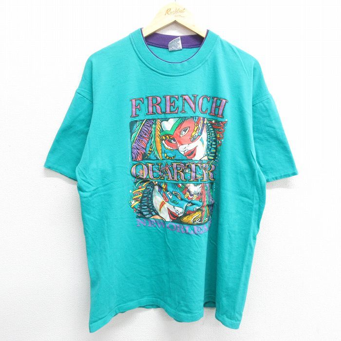 XL/古着 半袖 ビンテージ Tシャツ メンズ 90s ニューオーリンズ 仮面 大きいサイズ コットン クルーネック 青緑系 23may10 中古_画像1