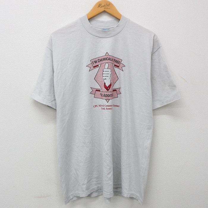 L/古着 半袖 ビンテージ Tシャツ メンズ 80s CHEMICALLY FREE 手 クルーネック 薄グレー 23jul12 中古_画像1