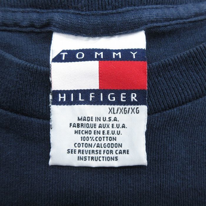 XL/古着 トミーヒルフィガー 半袖 ブランド ビンテージ Tシャツ メンズ 90s ワンポイントロゴ 大きいサイズ コットン クルーネック 紺_画像4