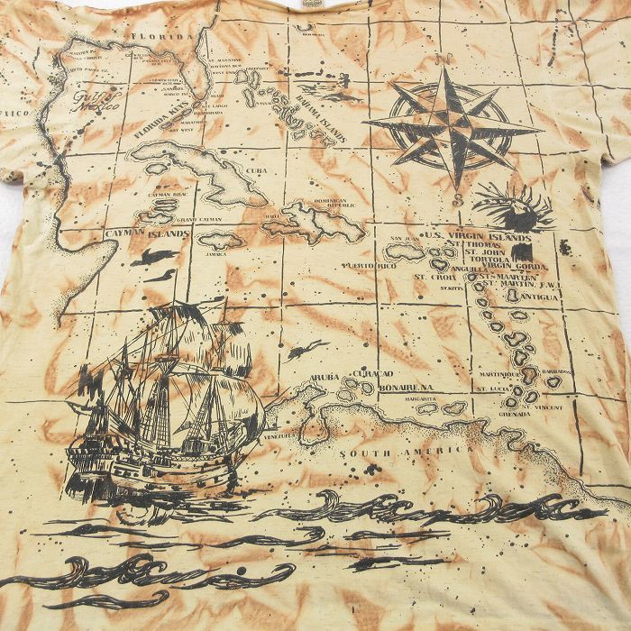 XL/古着 半袖 ビンテージ Tシャツ メンズ 90s トロピカル 地図 全面プリント ポケット付き 大きいサイズ コットン クルーネック ベージ_画像4