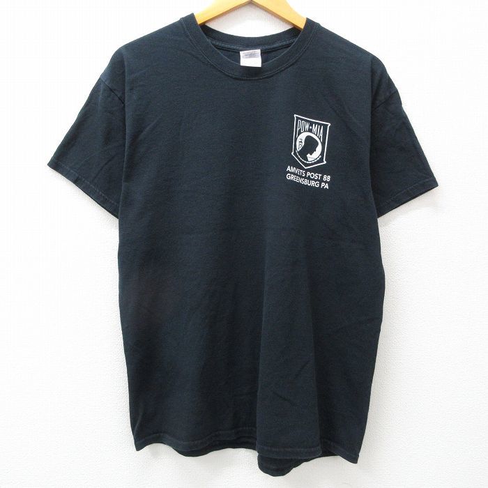 L/古着 半袖 ビンテージ Tシャツ メンズ 00s POWMIA ワシ 星条旗 コットン クルーネック 黒 ブラック 23jul08 中古_画像2