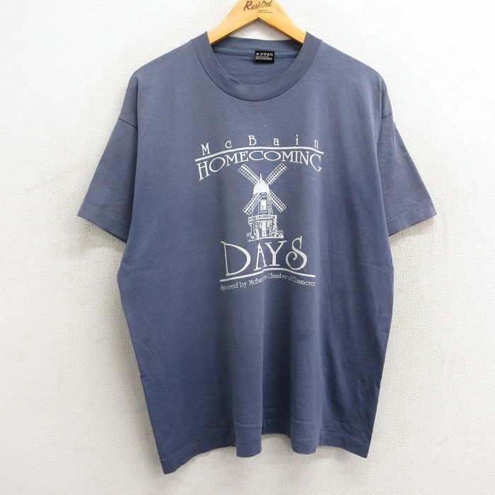 XL/古着 フルーツオブザルーム 半袖 ビンテージ Tシャツ メンズ 90s 風車 ホームカミング 大きいサイズ クルーネック 薄紺 ネイビー 霜_画像1