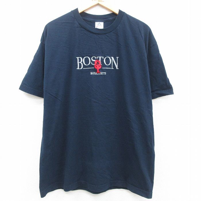 XL/古着 半袖 ビンテージ Tシャツ メンズ 00s ボストン マサチューセッツ ロブスター 刺繍 大きいサイズ コットン クルーネック 紺 ネ_画像1
