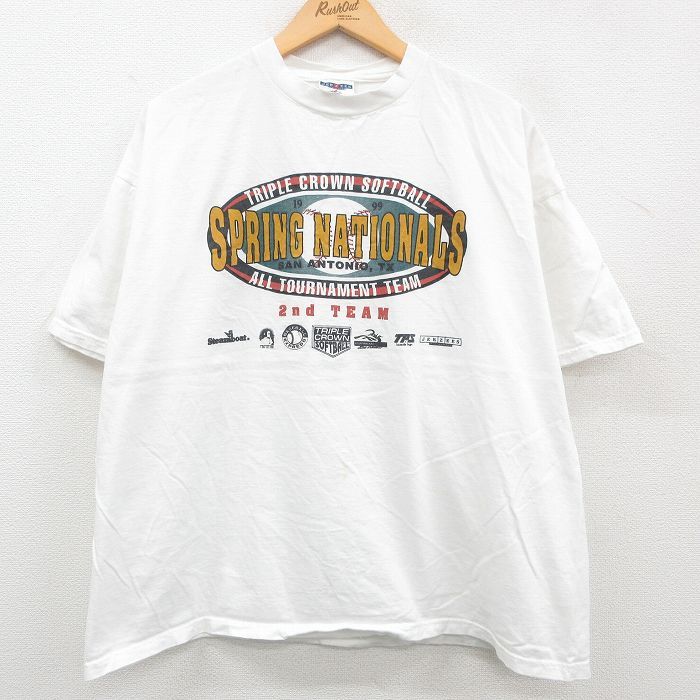 XL/古着 半袖 ビンテージ Tシャツ メンズ 90s SPRING NATIONALS ソフトボール 企業広告 大きいサイズ クルーネック 白 ホワイト 23jun2_画像1