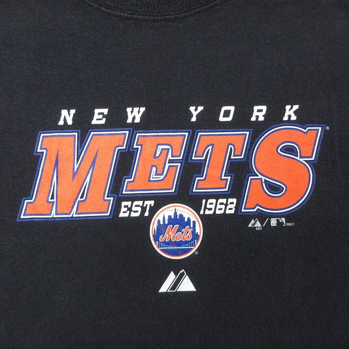 M/古着 マジェスティック 半袖 ビンテージ Tシャツ メンズ 00s MLB ニューヨークメッツ クルーネック 黒 ブラック メジャーリーグ ベー_画像2