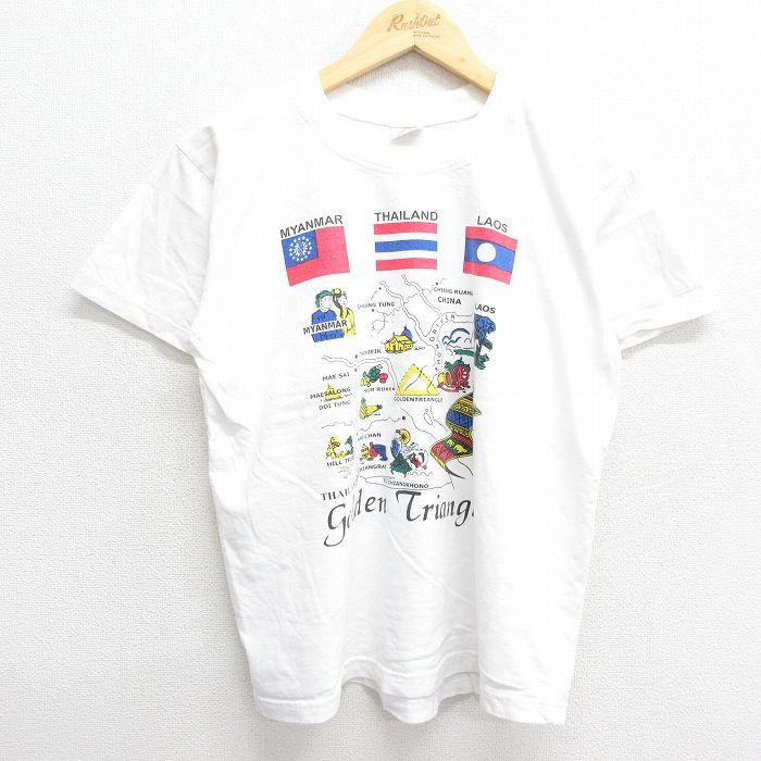 L/古着 半袖 ビンテージ Tシャツ メンズ 00s 黄金の三角地帯 イエロー ミャンマー タイ 国旗 コットン クルーネック 白 ホワイト 23aug_画像1
