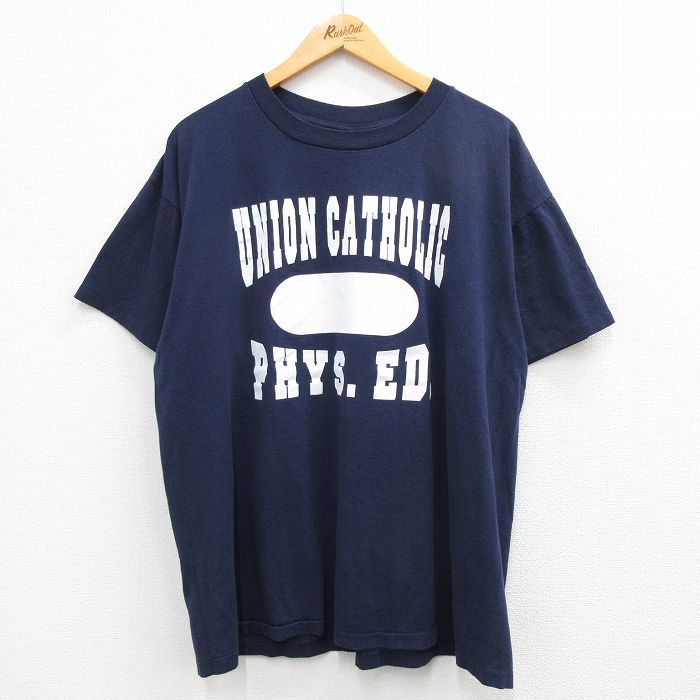 XL/古着 半袖 ビンテージ Tシャツ メンズ 90s UNION CATHOLIC クルーネック 紺 ネイビー 23apr25 中古_画像1