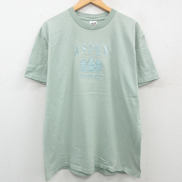 XL/古着 半袖 ビンテージ Tシャツ メンズ 00s ASPEN コロラド 木 刺繍 大きいサイズ コットン クルーネック 薄緑 グリーン 23apr27 中_画像1