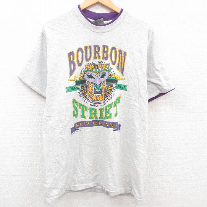 L/古着 半袖 ビンテージ Tシャツ メンズ 90s BOURBON 仮面 ニューオーリンズ コットン クルーネック 薄グレー他 霜降り 23may08 中古_画像1