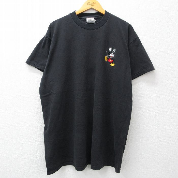 XL/古着 半袖 ビンテージ Tシャツ メンズ 90s ディズニー ミッキー 刺繍 大きいサイズ ロング丈 コットン クルーネック 黒 ブラック 23_画像1