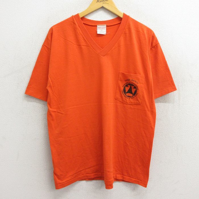 XL/古着 半袖 ビンテージ Tシャツ メンズ 80s THINK SAFETY 胸ポケット付き Vネック オレンジ 23jun21 中古_画像1