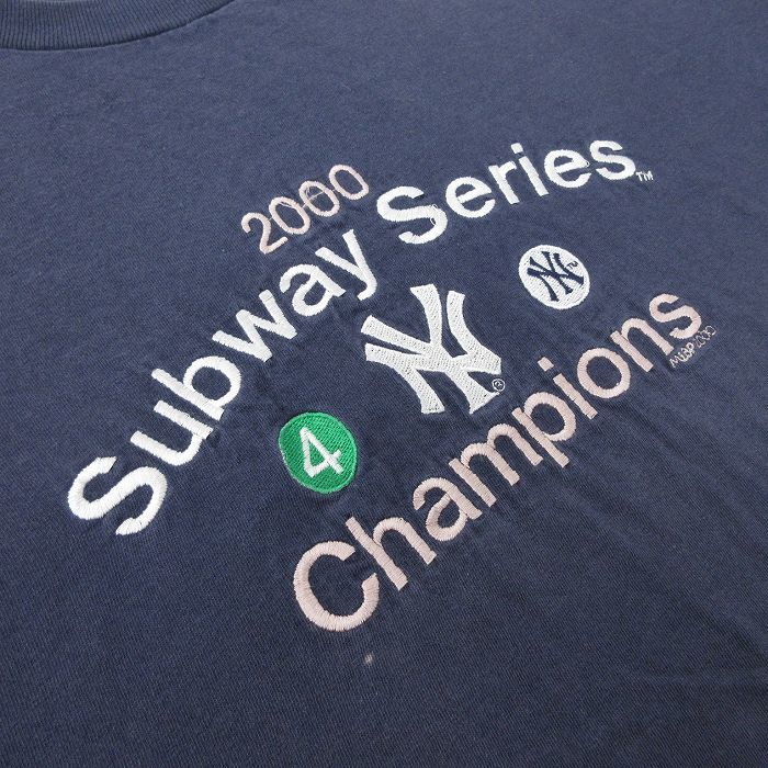 XL/古着 プーマ puma 半袖 ビンテージ Tシャツ メンズ 00s MLB ニューヨークヤンキース 刺繍 大きいサイズ コットン クルーネック 紺_画像2