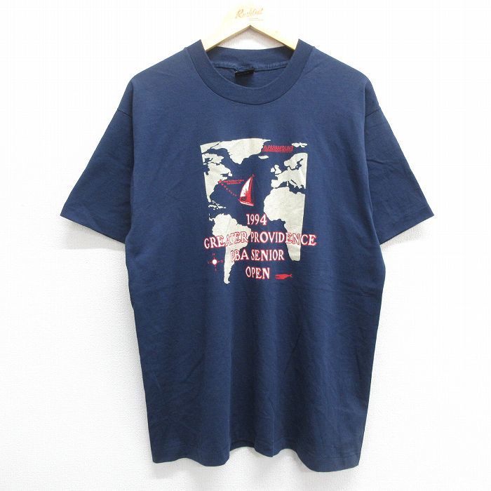 XL/古着 半袖 ビンテージ Tシャツ メンズ 90s PBA 地図 ヨット クジラ クルーネック 紺 ネイビー 23jul01 中古_画像1