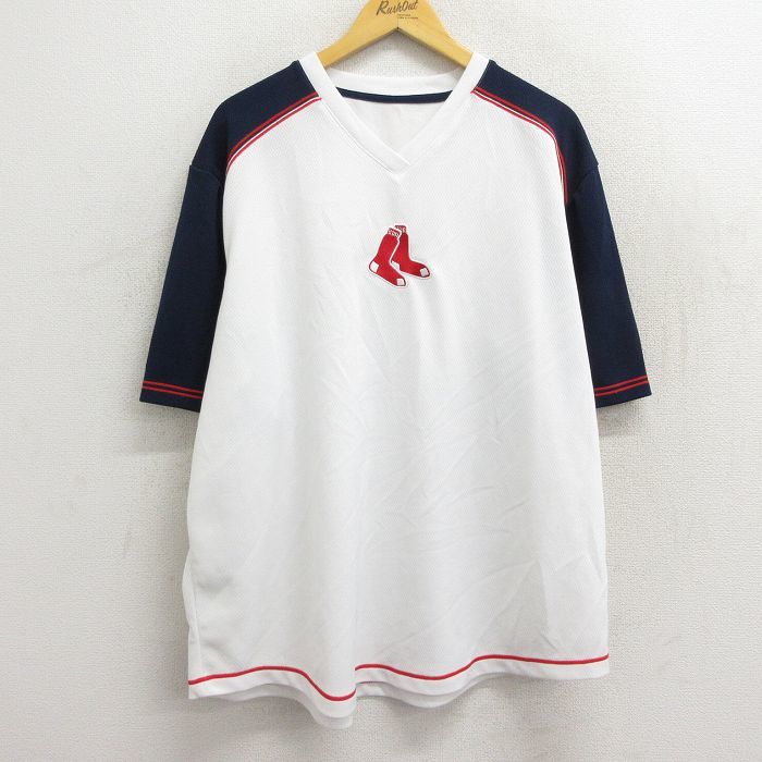XL/古着 半袖 Tシャツ メンズ MLB ボストンレッドソックス メッシュ地 大きいサイズ Vネック 白他 ホワイト メジャーリーグ ベースボー_画像1