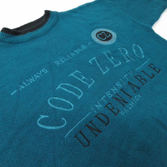 XL/古着 長袖 セーター メンズ 90s CODE ZERO 刺繍 大きいサイズ クルーネック 青緑 23oct12 中古 ニット トップス_画像2