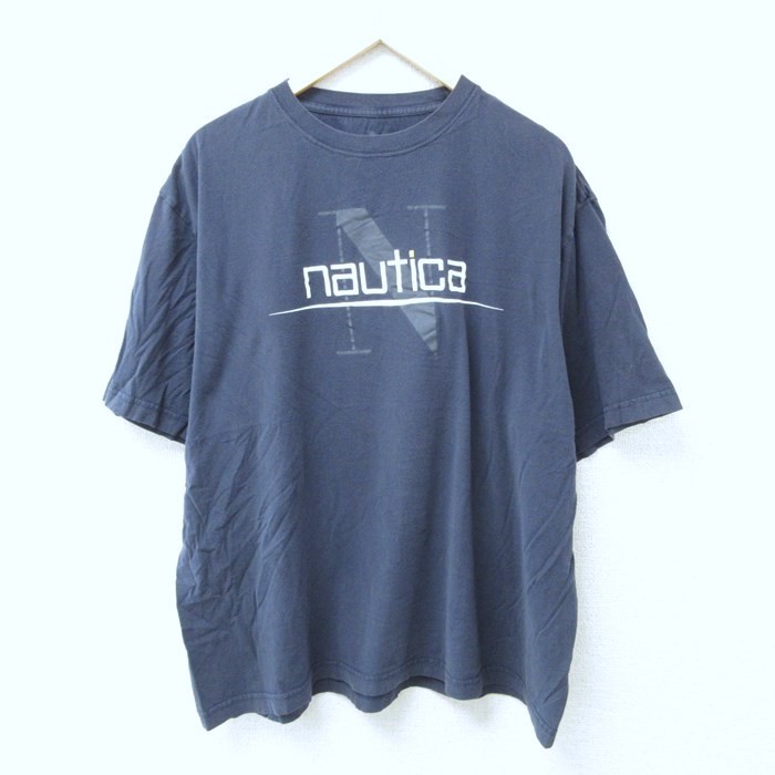 XL/古着 ノーティカ NAUTICA 半袖 ブランド Tシャツ メンズ ビッグロゴ 大きいサイズ コットン クルーネック 濃紺 ネイビー 23aug23 中_画像1