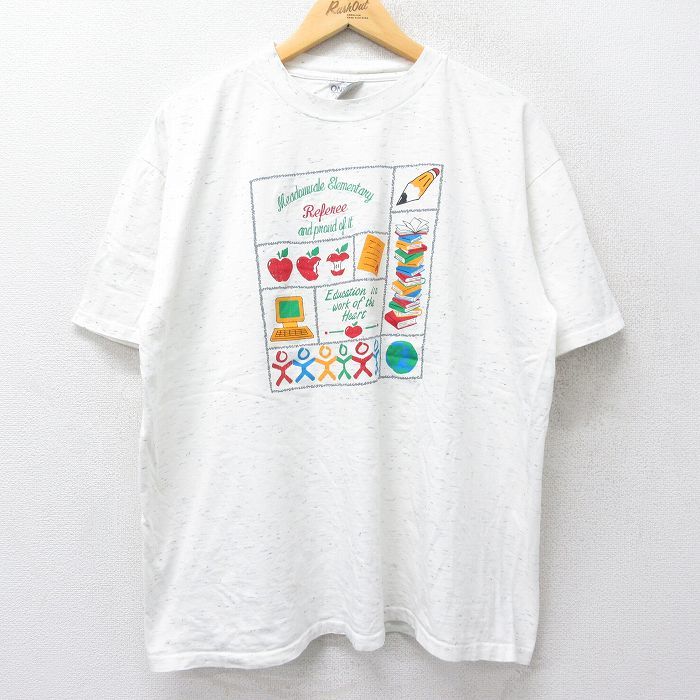 XL/古着 オニータ ONIETA 半袖 ビンテージ Tシャツ メンズ 90s リンゴ えんぴつ 本 大きいサイズ コットン クルーネック 白 ホワイト 2_画像1