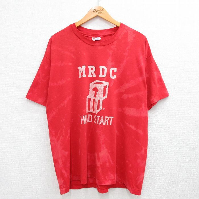 XL/古着 ヘインズ 半袖 ビンテージ Tシャツ メンズ 90s MRDC 矢印 クルーネック 赤他 レッド ブリーチ加工 23aug01 中古_画像1