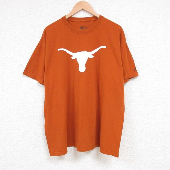 XL/古着 ラッセル 半袖 Tシャツ メンズ テキサスロングホーンズ 大きいサイズ コットン クルーネック 茶 ブラウン 23aug01 中古_画像1