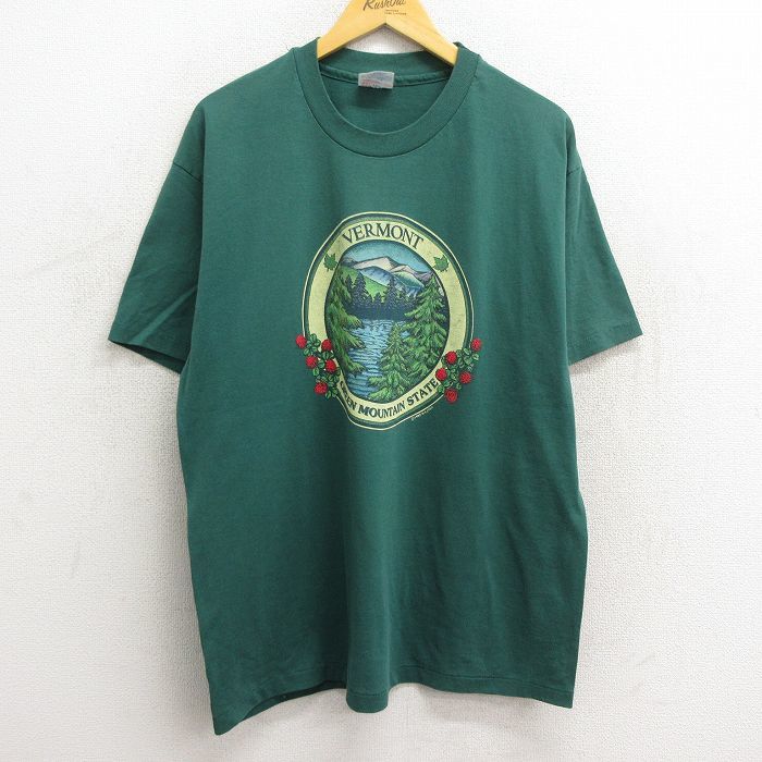 XL/古着 ヘインズ 半袖 ビンテージ Tシャツ メンズ 90s バーモント 湖 クルーネック 緑 グリーン 23jun22 中古_画像1