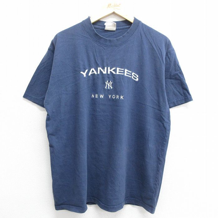 XL/古着 半袖 ビンテージ Tシャツ メンズ 00s MLB ニューヨークヤンキース 刺繍 クルーネック 紺 ネイビー メジャーリーグ ベースボー_画像1