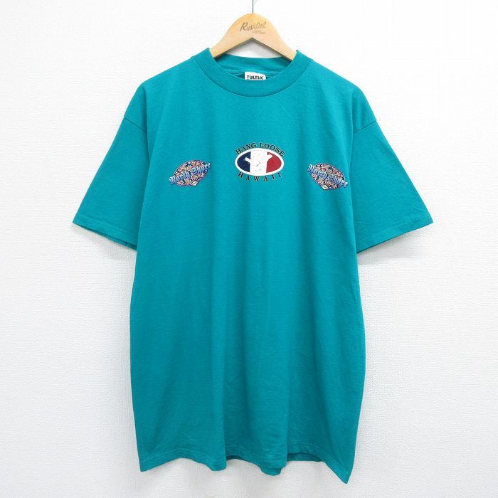 XL/古着 半袖 ビンテージ Tシャツ メンズ 90s HANG LOOSE ハワイ コットン クルーネック 青緑 spe 23jul06 中古_画像1