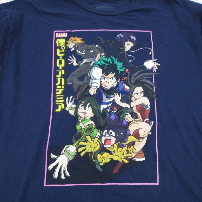 XL/古着 半袖 Tシャツ メンズ アニメ 僕のヒーローアカデミア 緑谷出久 グリーン デク コットン クルーネック 濃紺 ネイビー 23aug17_画像2