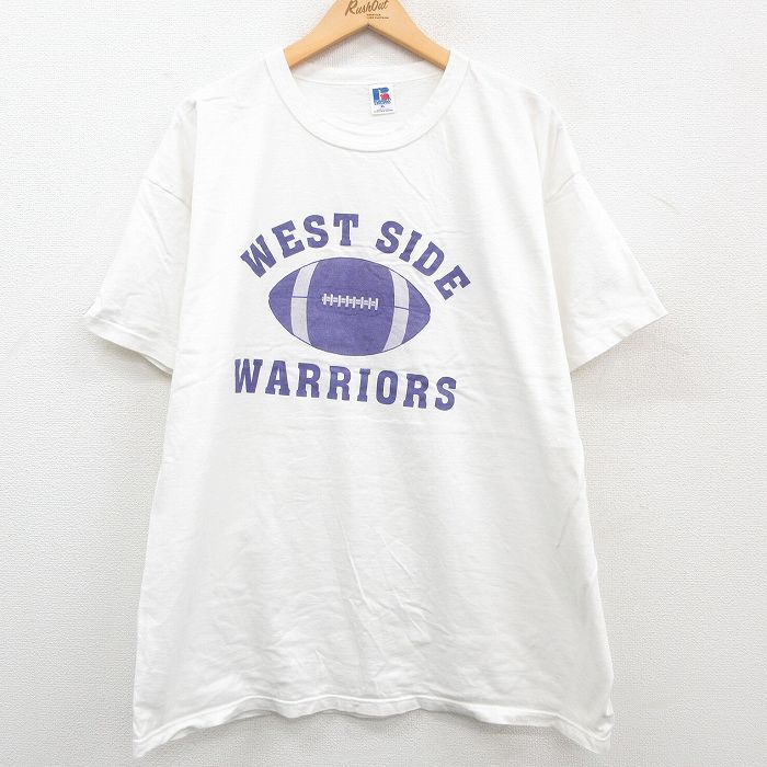 XL/古着 ラッセル 半袖 ビンテージ Tシャツ メンズ 90s WEST SIDE WARRIORS アメフト 大きいサイズ コットン クルーネック 白 ホワイト_画像1