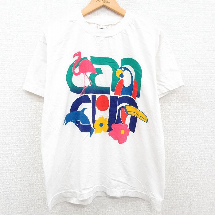 L/古着 半袖 ビンテージ Tシャツ メンズ 90s フラミンゴ 鳥 花 クルーネック 白 ホワイト 23jun26 中古_画像1