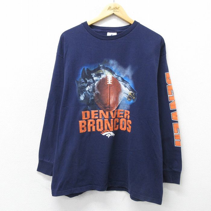 XL/古着 長袖 ビンテージ Tシャツ メンズ 90s NFL デンバーブロンコス 大きいサイズ コットン クルーネック 紺 ネイビー アメフト スー_画像1