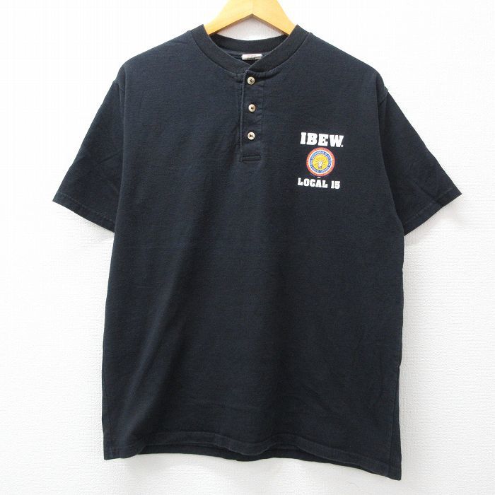 XL/古着 半袖 ビンテージ Tシャツ メンズ 90s IBEW インターナショナル コットン ヘンリーネック 黒 ブラック 23sep09 中古_画像2