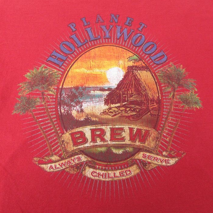 L/古着 長袖 ビンテージ Tシャツ メンズ 90s プラネットハリウッド BREW ビーチ クルーネック 赤 レッド 23jun01 中古_画像4