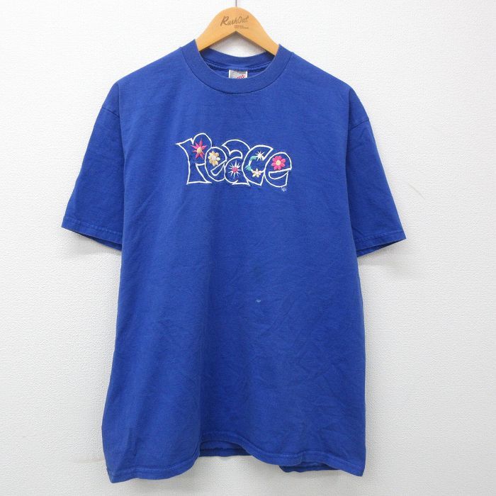 XL/古着 半袖 ビンテージ Tシャツ メンズ 90s Peace 花 刺繍 コットン クルーネック 青 ブルー 23mar27 中古_画像1