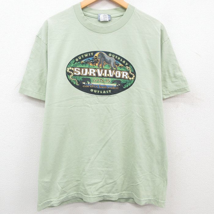 L/古着 半袖 ビンテージ Tシャツ メンズ 00s ゴリラ SURVIVOR コットン クルーネック 薄緑 グリーン 23mar22 中古_画像1