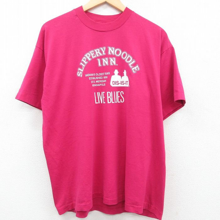 XL/古着 半袖 ビンテージ Tシャツ メンズ 90s SLIPPERY NOODLE クルーネック 濃ピンク 23may13 中古_画像1