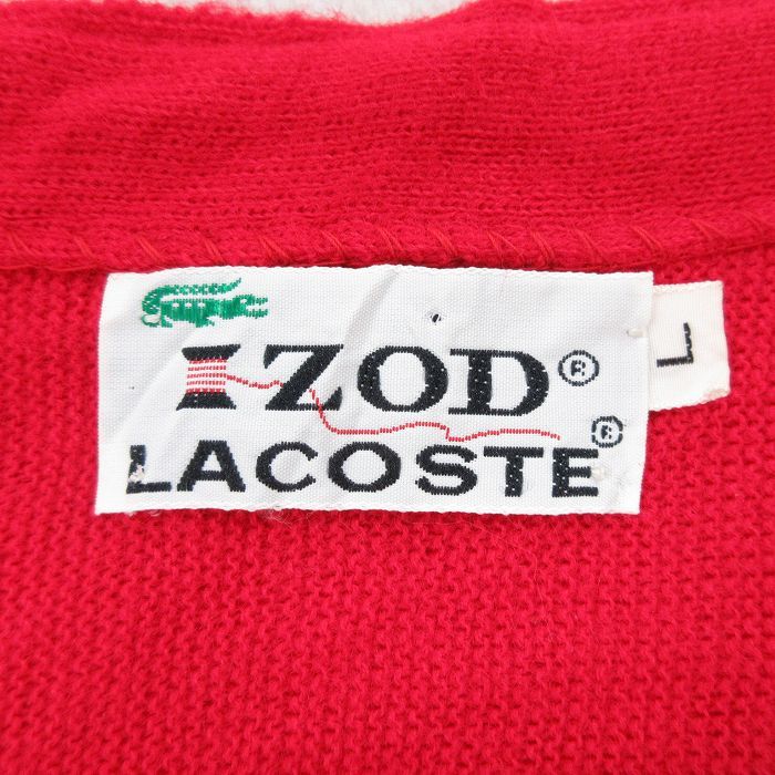 M/古着 ラコステ LACOSTE IZOD 長袖 ブランド ニット カーディガン メンズ 80s ワンポイントロゴ アクリル 赤 レッド 23sep27 中古 ト_画像3